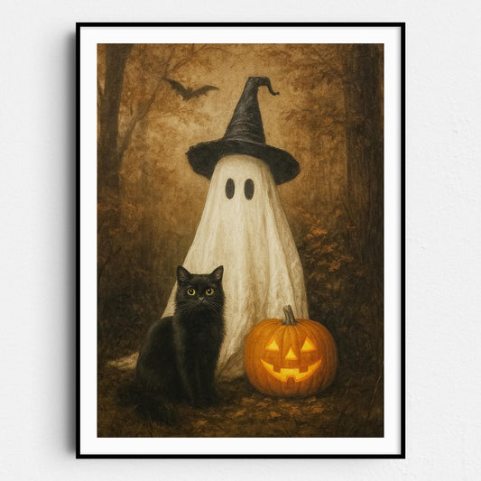 Ghost With A Black Cat And Pumpkin In The Forest