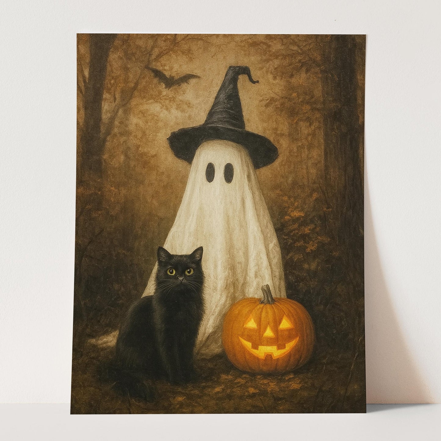 Ghost With A Black Cat And Pumpkin In The Forest