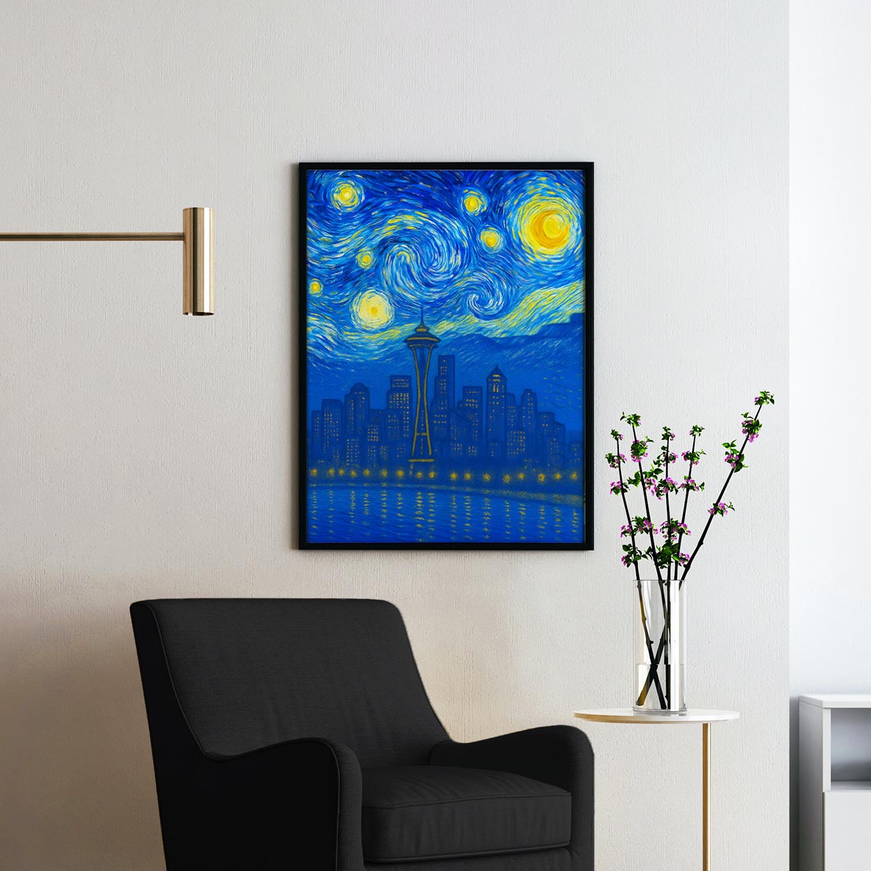 Seattle City Skyline As Van Gogh Starry Night
