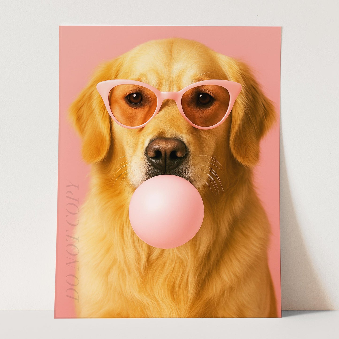 Golden Retriever Pink Sunglasses Blowing Bubble Gum