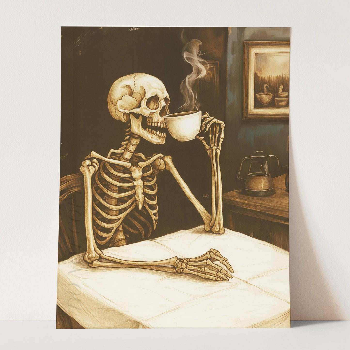 Skeleton Reading The Newspaper With A Coffee