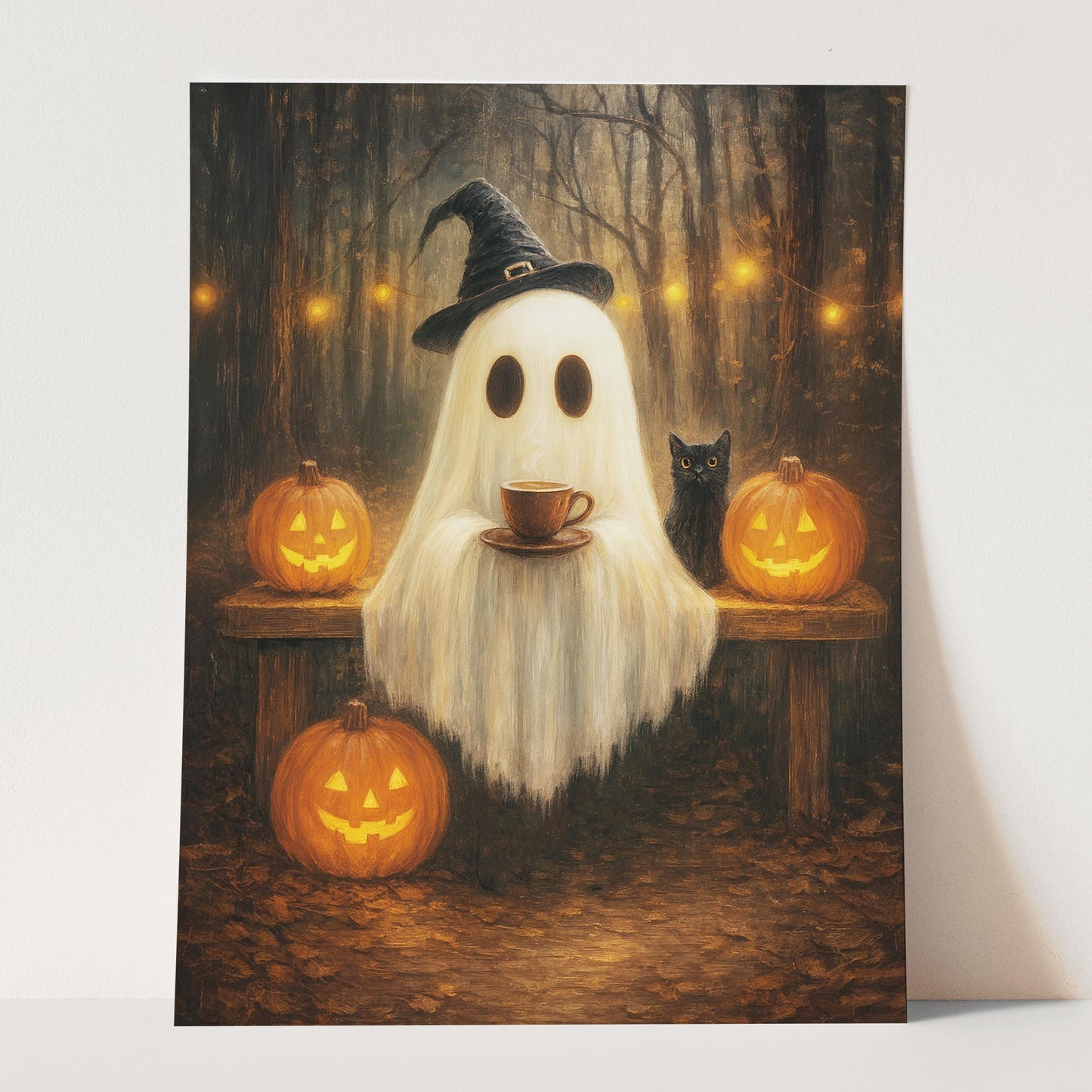 Ghost With A Coffee And Black Cat In The Forest