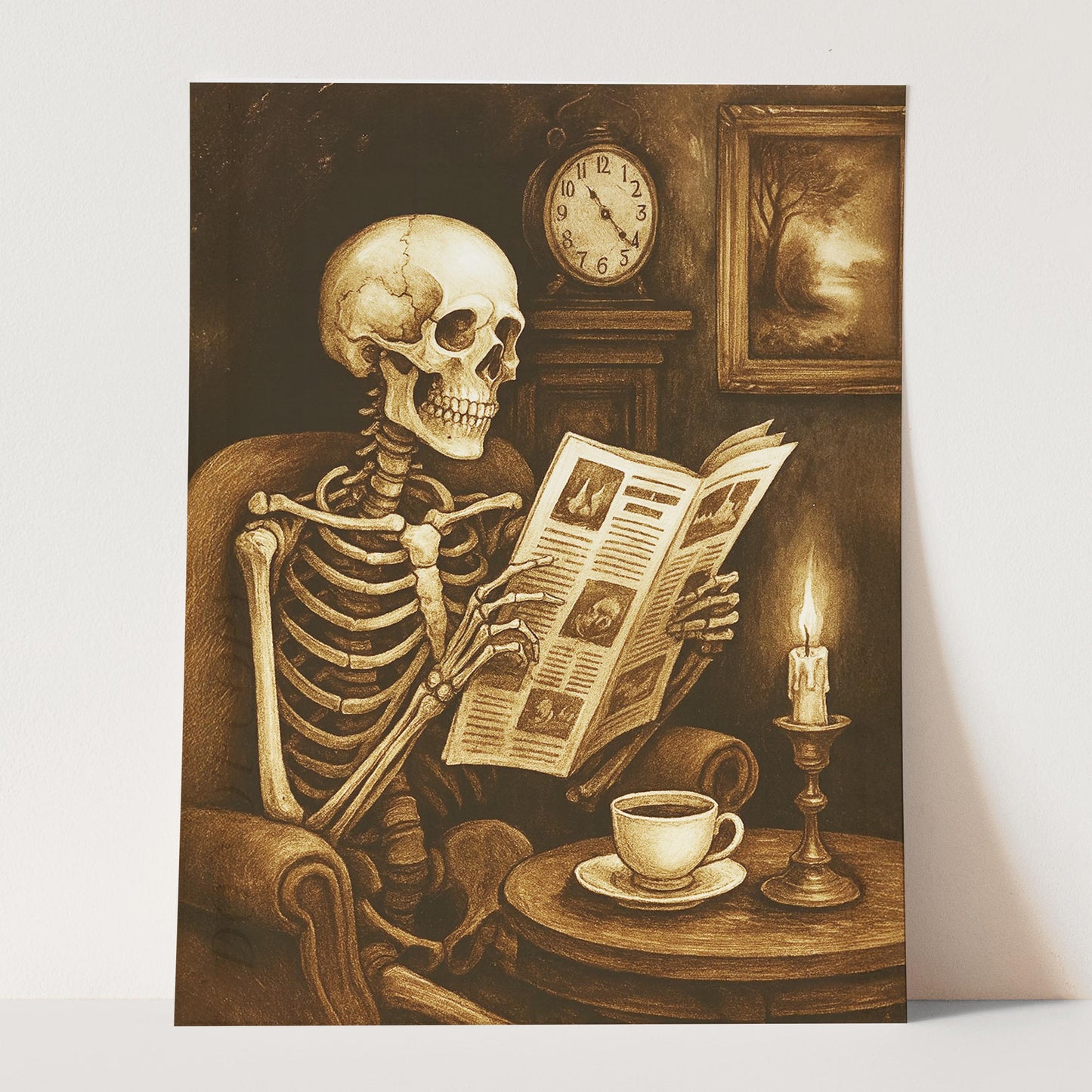 Skeleton Reading The Newspaper With A Coffee