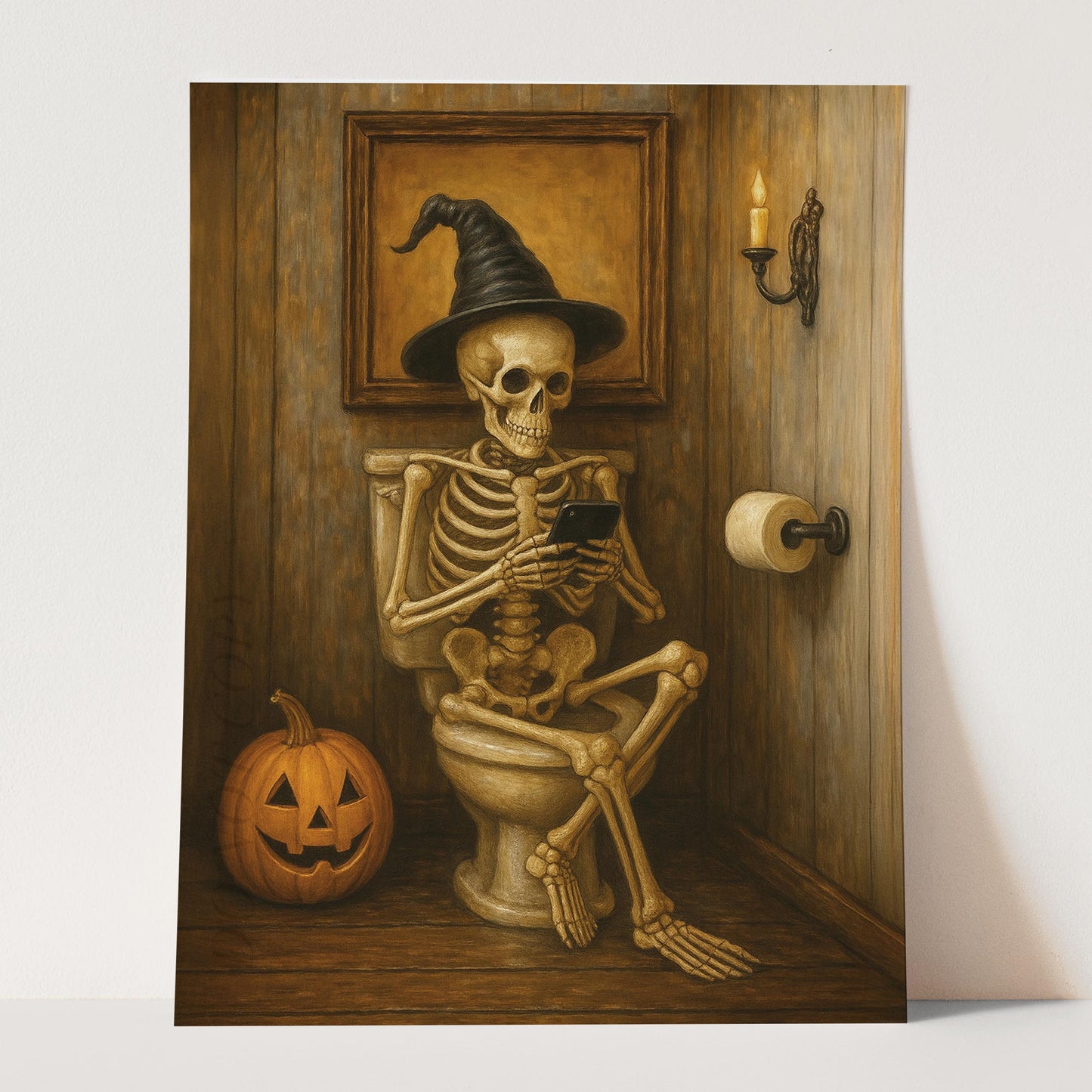 Halloween Skeleton On The Phone On The Toilet