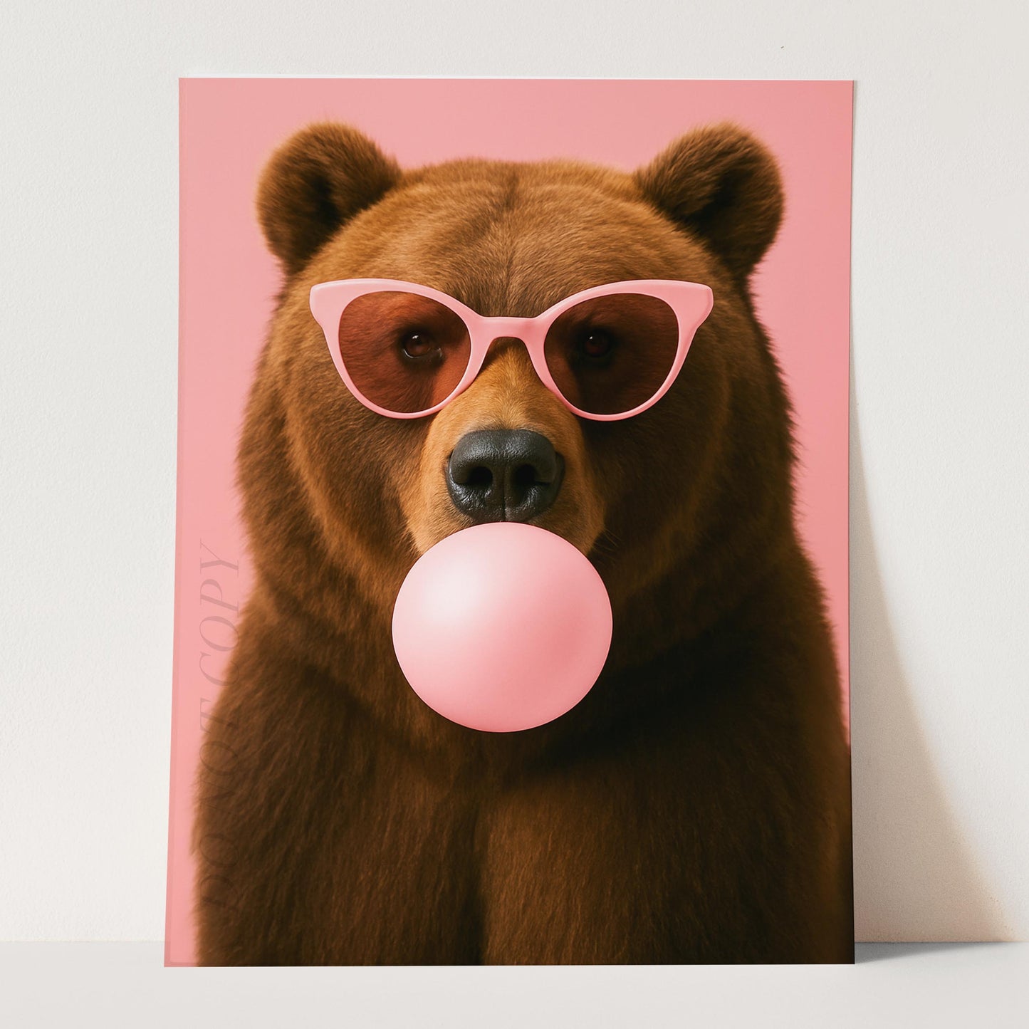Brown Bear With Sunglasses Blowing Pink Bubble Gum