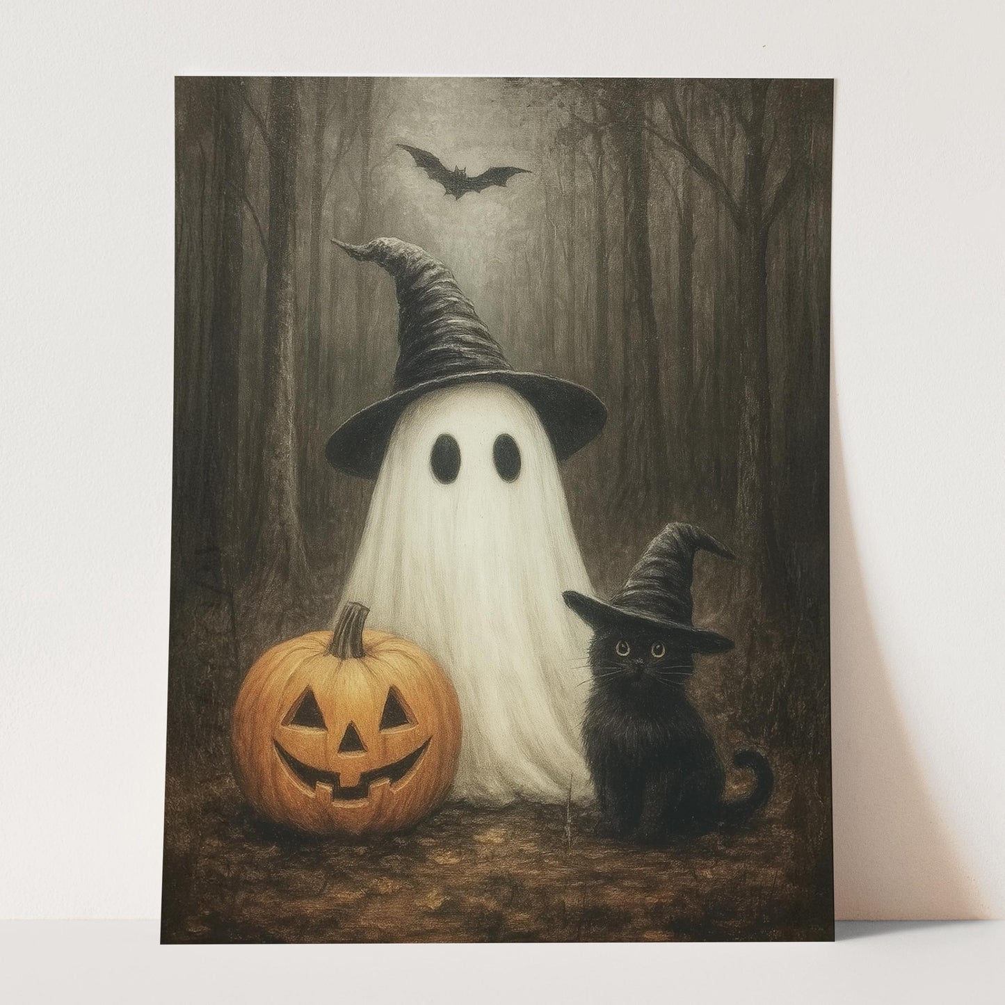 Ghost With A Pumpkin And Black Cat
