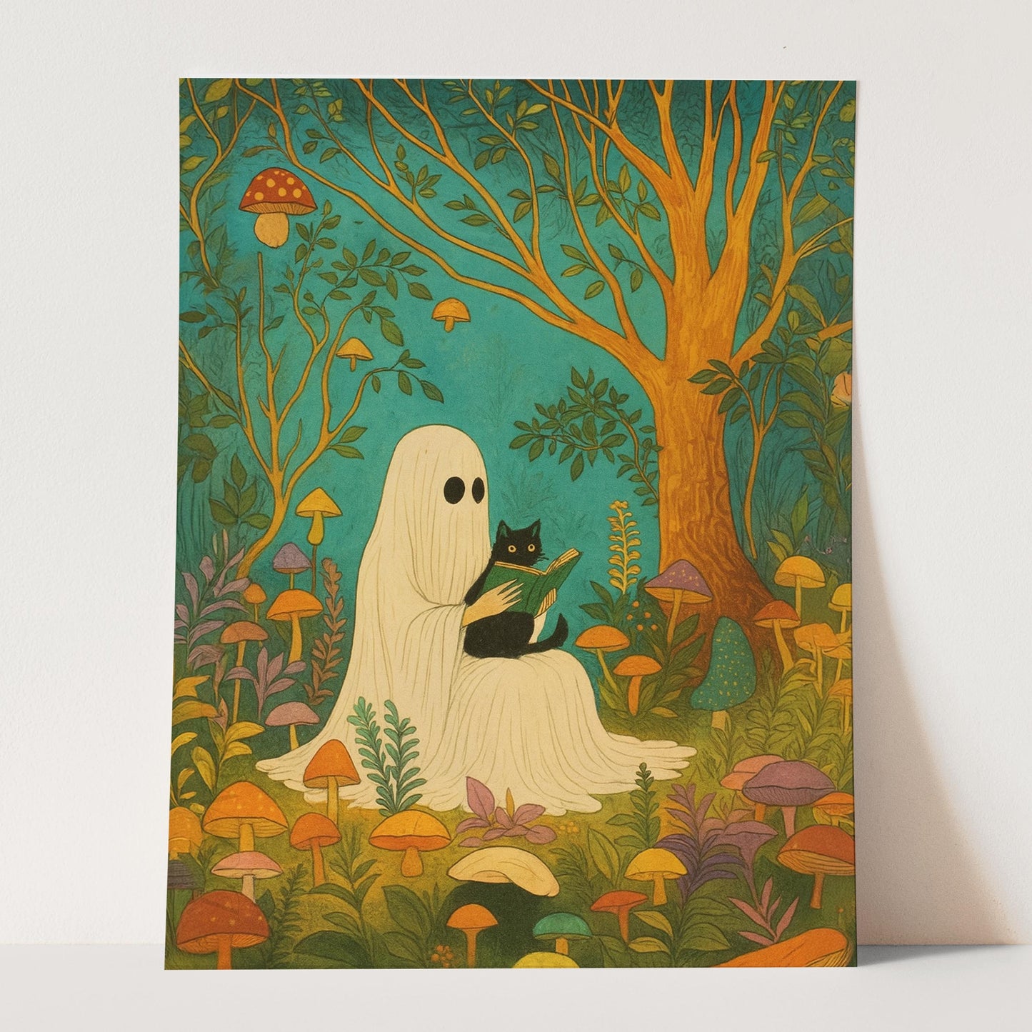 Ghost Reading With A Black Cat In A Mushroom Forest