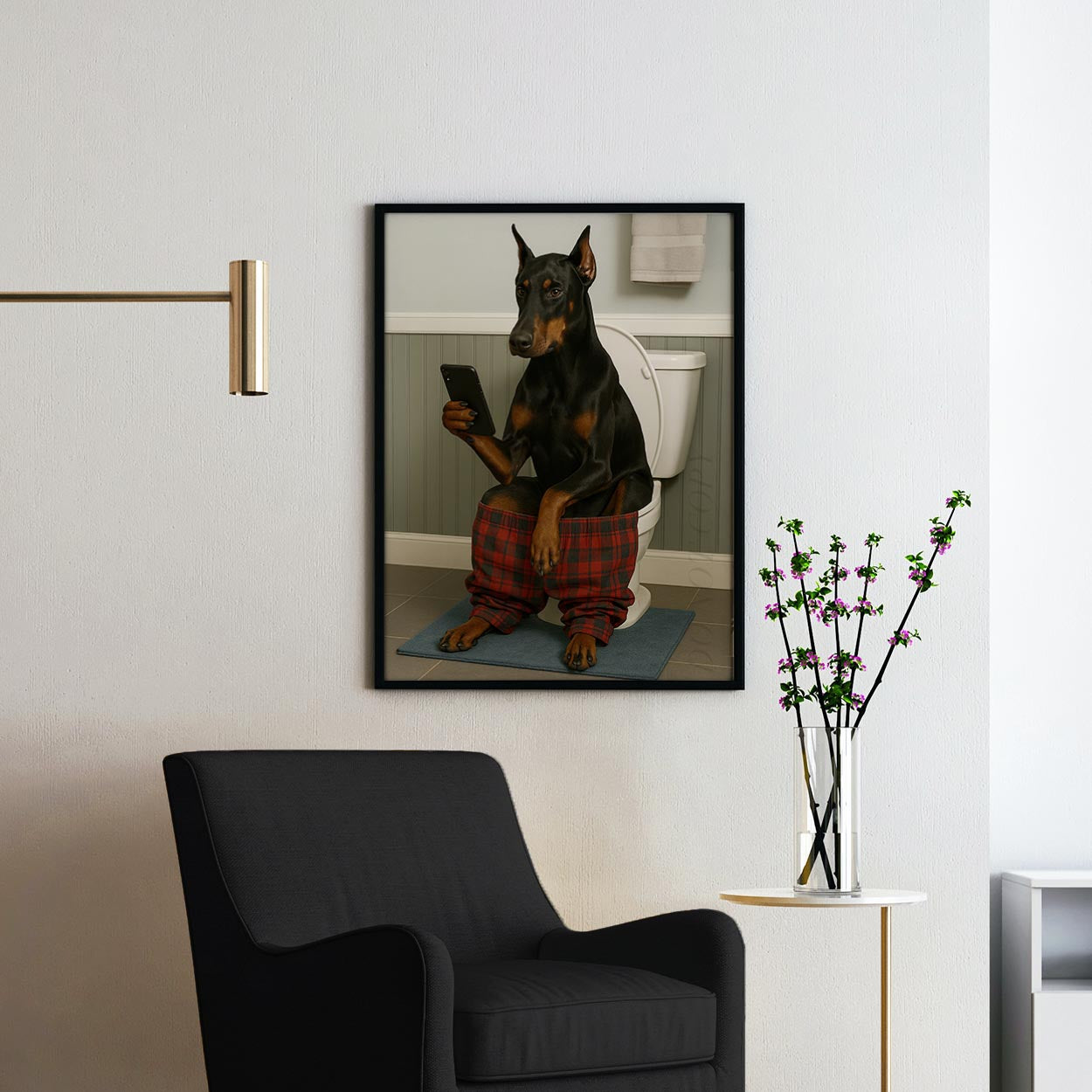 Doberman On The Toilet On The Phone
