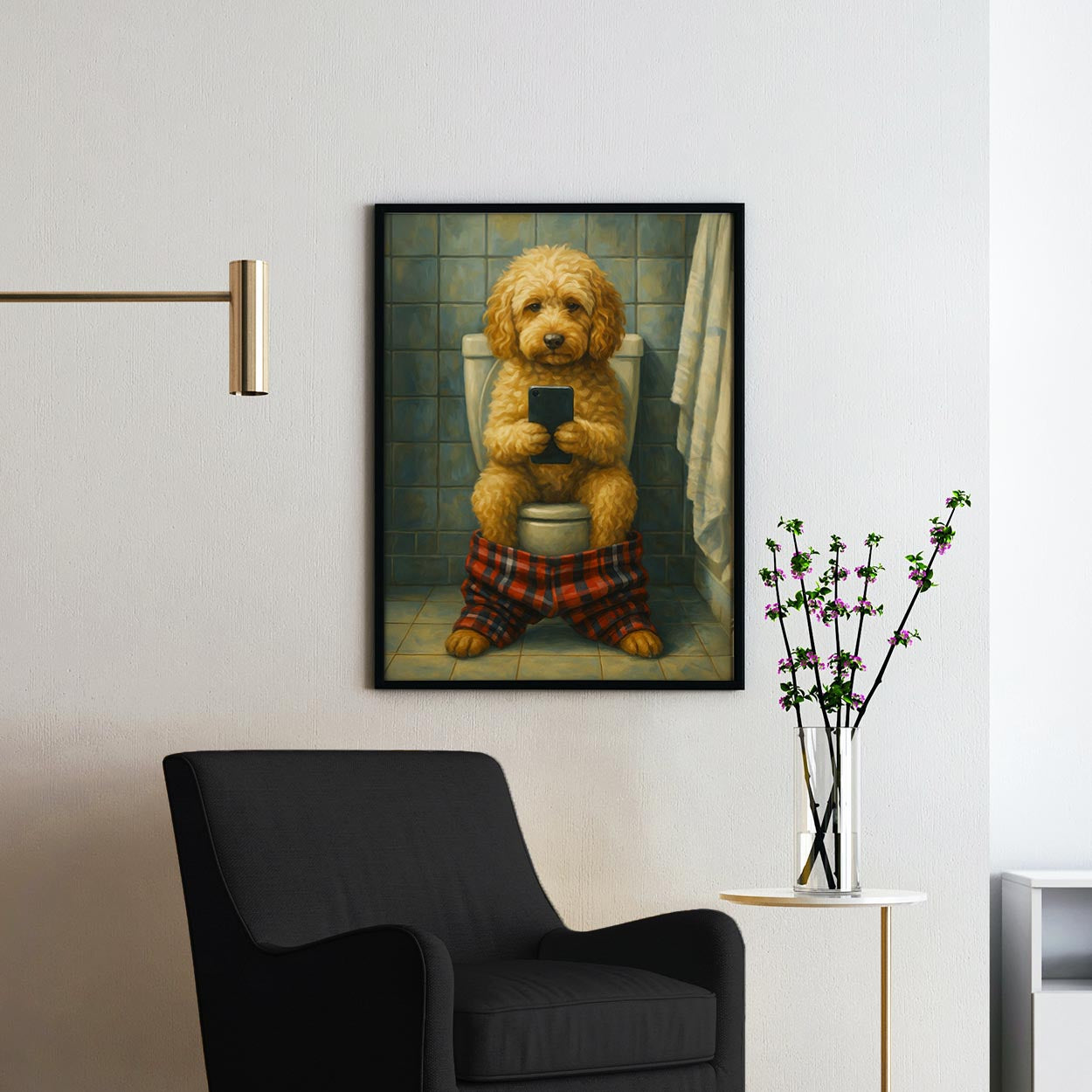 Cockapoo On The Toilet On The Phone