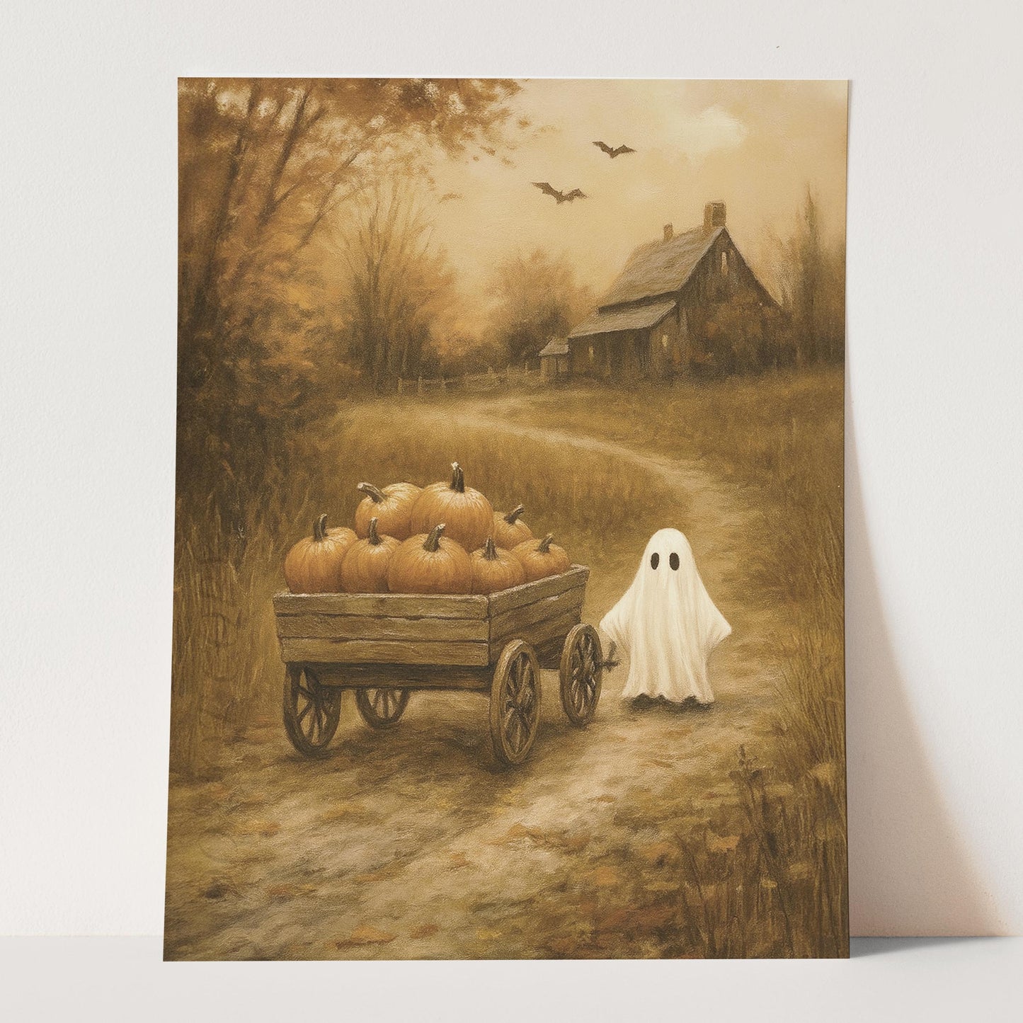 Ghost With Pumpkins In Fall Field