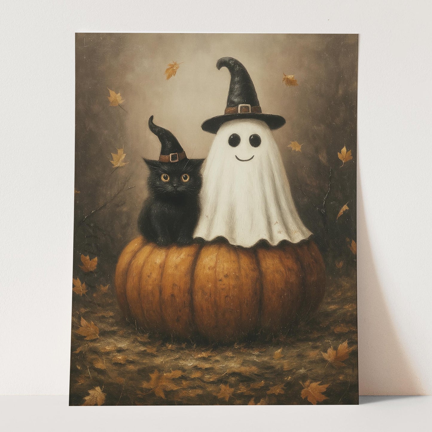 Ghost And Black Cat On A Giant Pumpkin