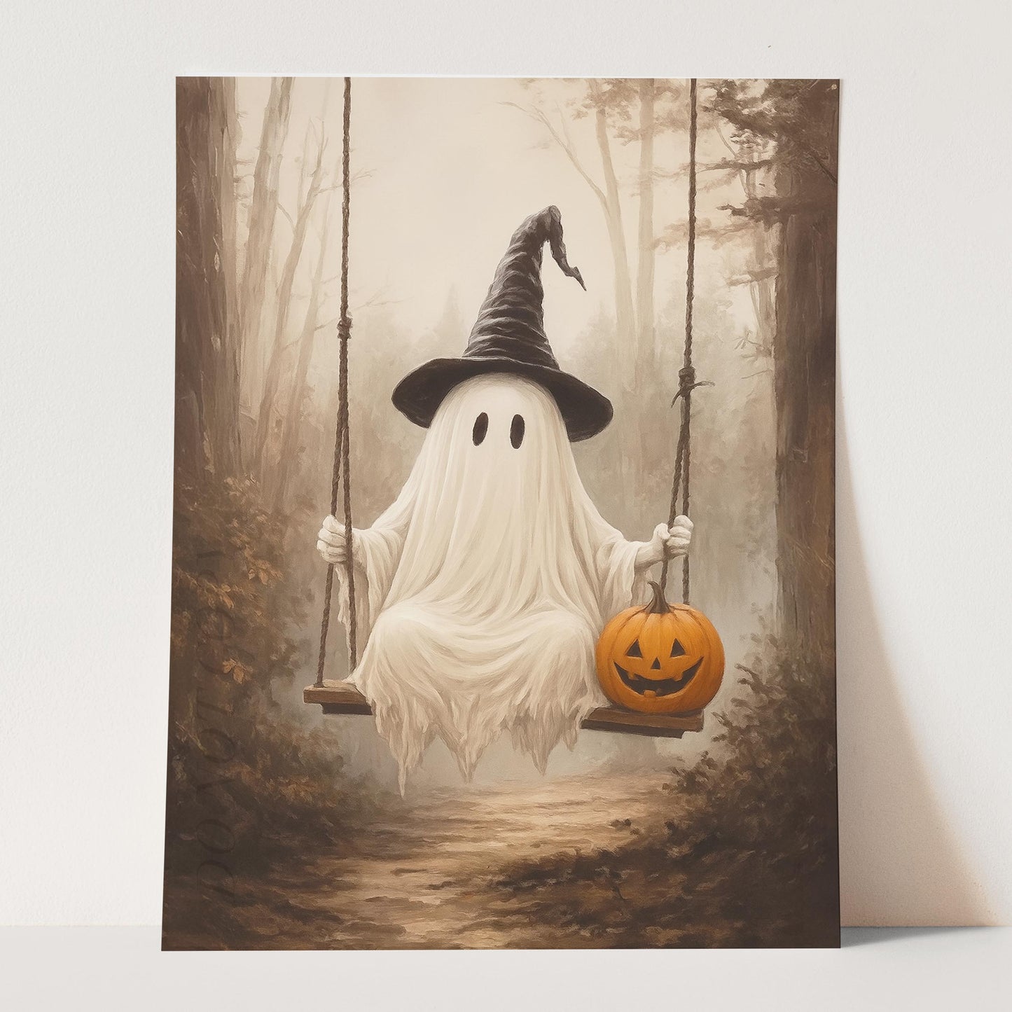 Ghost On A Swing With A Pumpkin