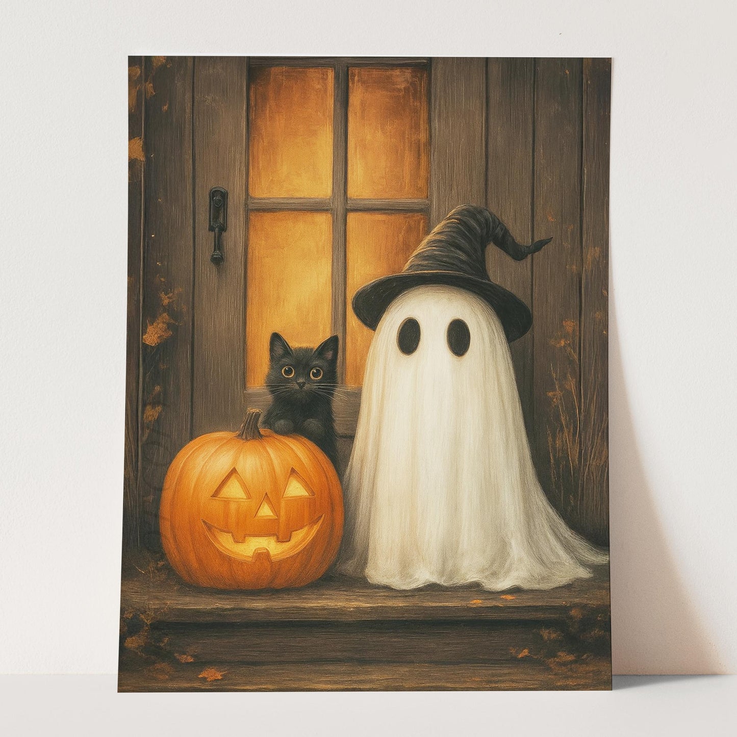 Ghost With A Black Cat And Pumpkin