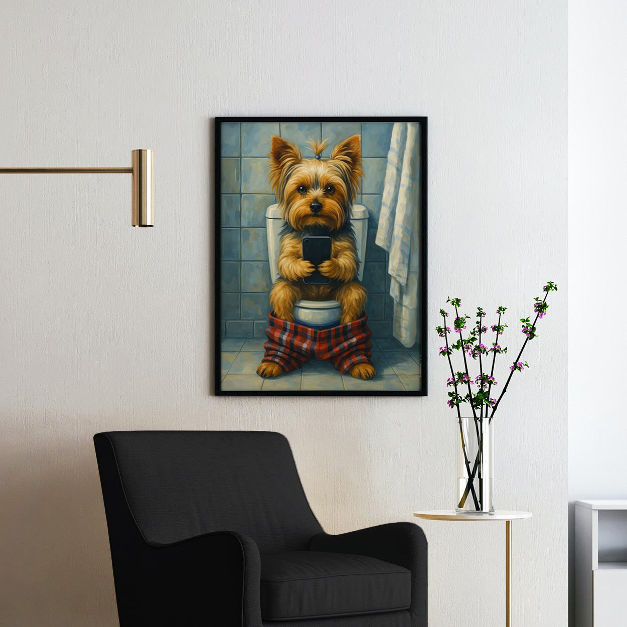 Yorkshire Terrier On The Phone On The Toilet