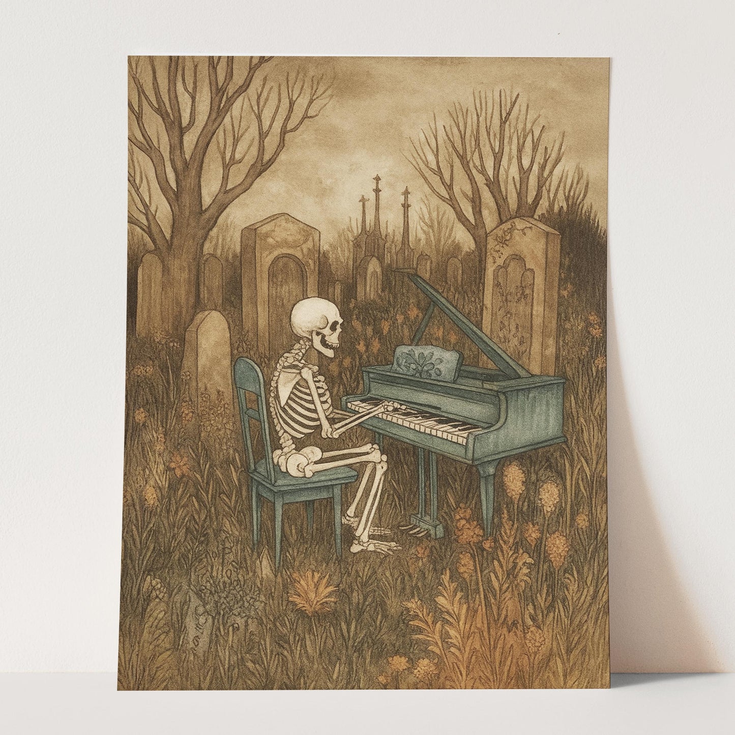 Skeleton Playing The Piano In A Graveyard