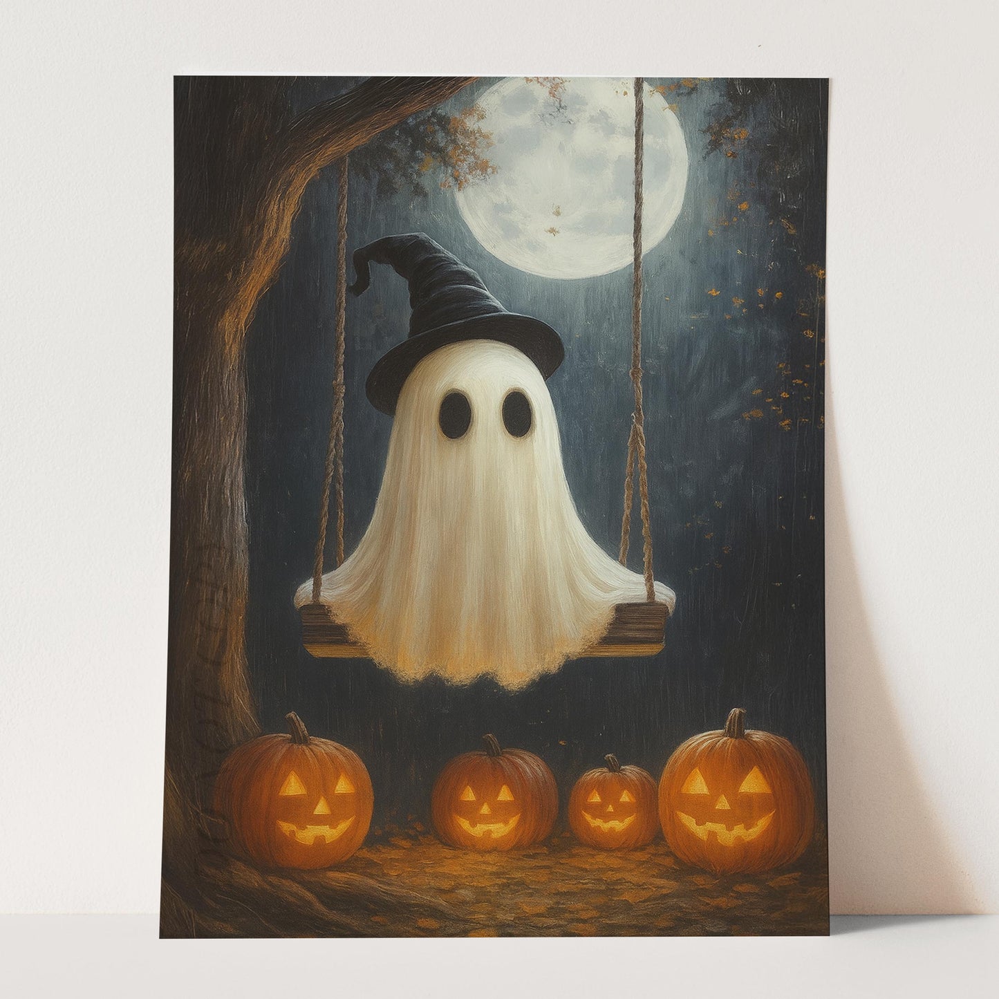 Ghost On A Swing With Pumpkins And Full Moon