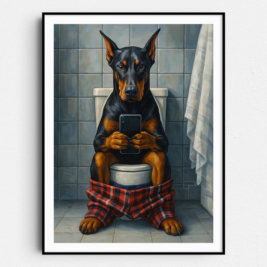 Dobermann On The Toilet On The Phone