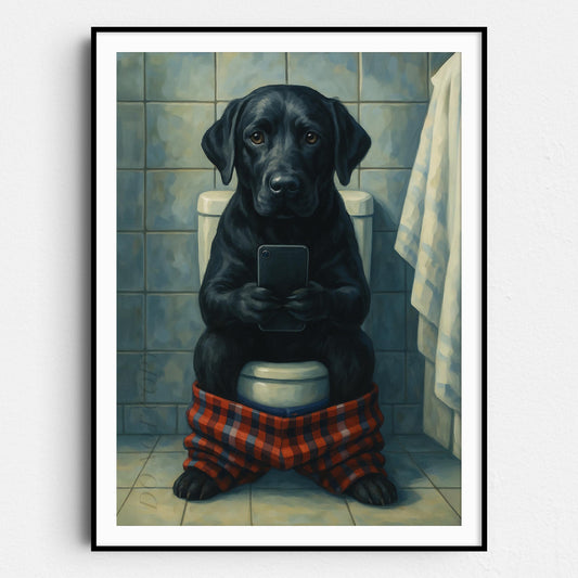 Black Labrador Retriever On The Toilet On The Phone