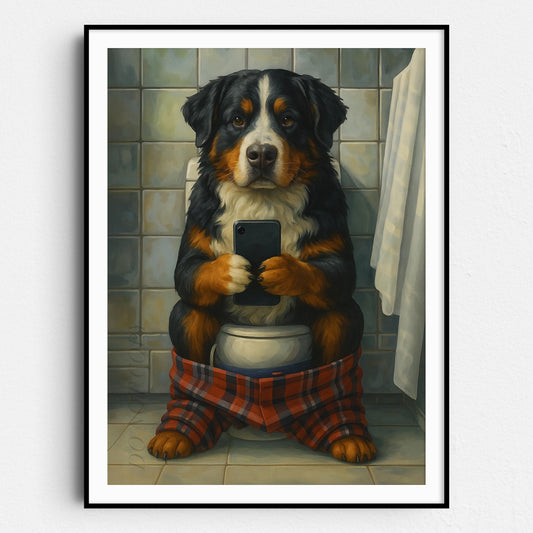 Bernese Mountain Dog On The Toilet On The Phone
