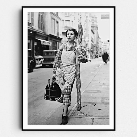 French Woman With Giant Baguette And Wine