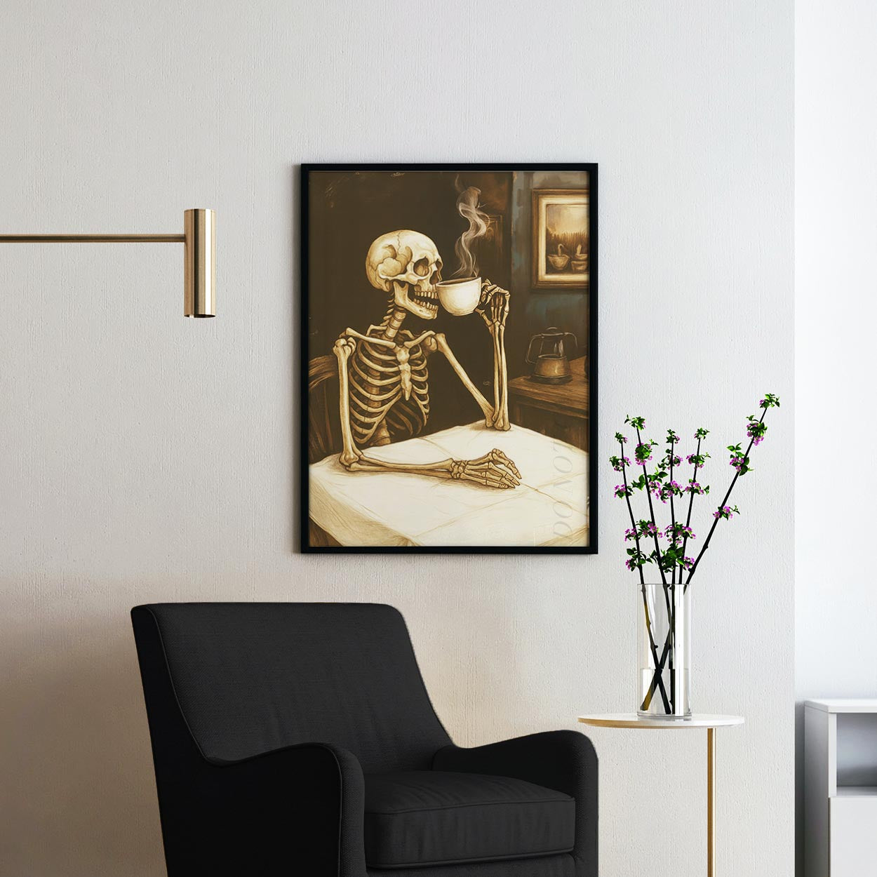 Skeleton Reading The Newspaper With A Coffee