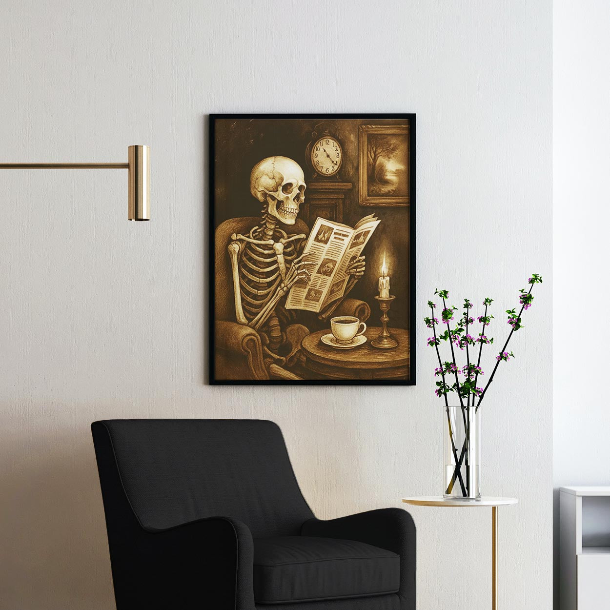 Skeleton Reading The Newspaper With A Coffee
