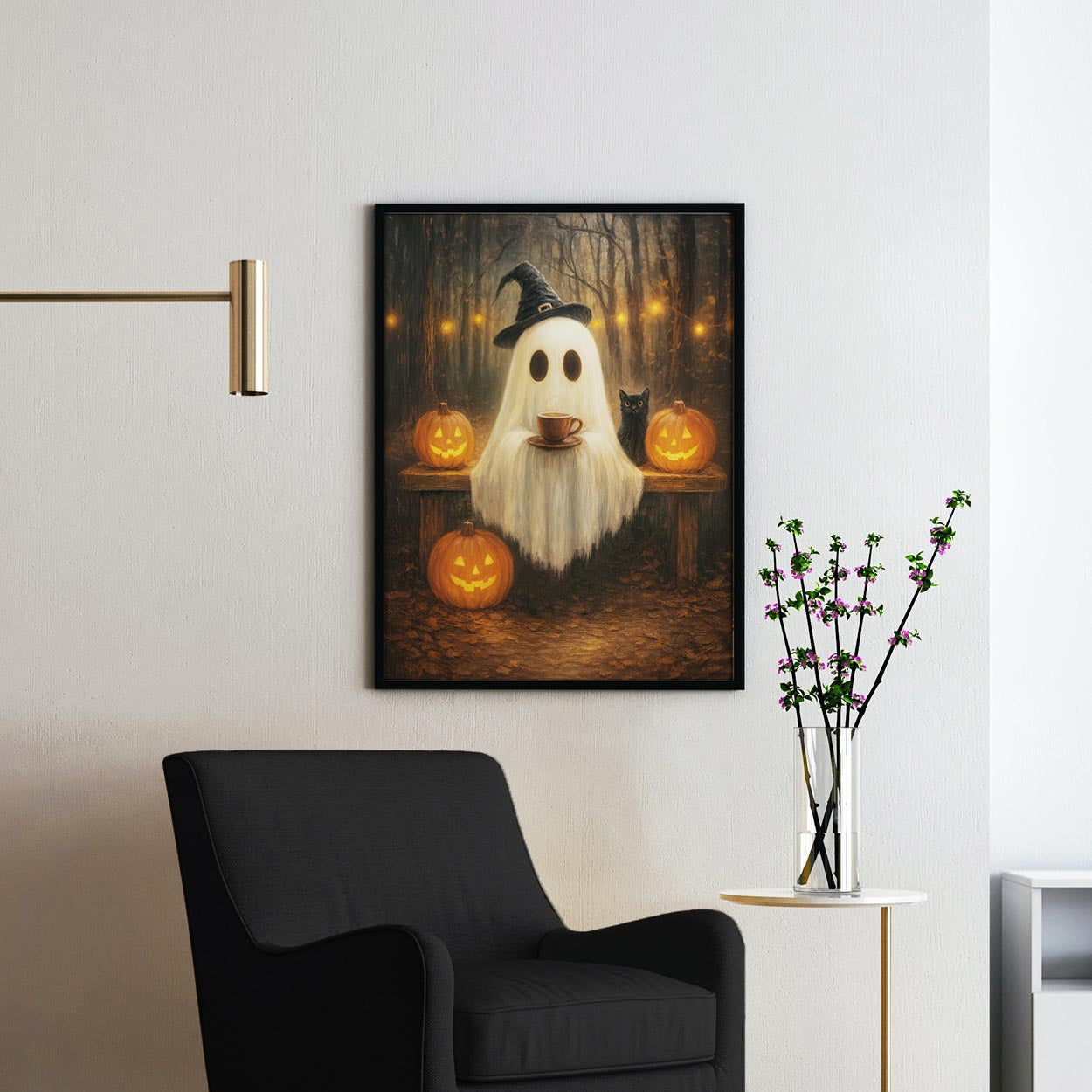 Ghost With A Coffee And Black Cat In The Forest
