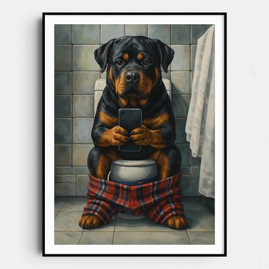 Rottweiler On The Toilet On The Phone