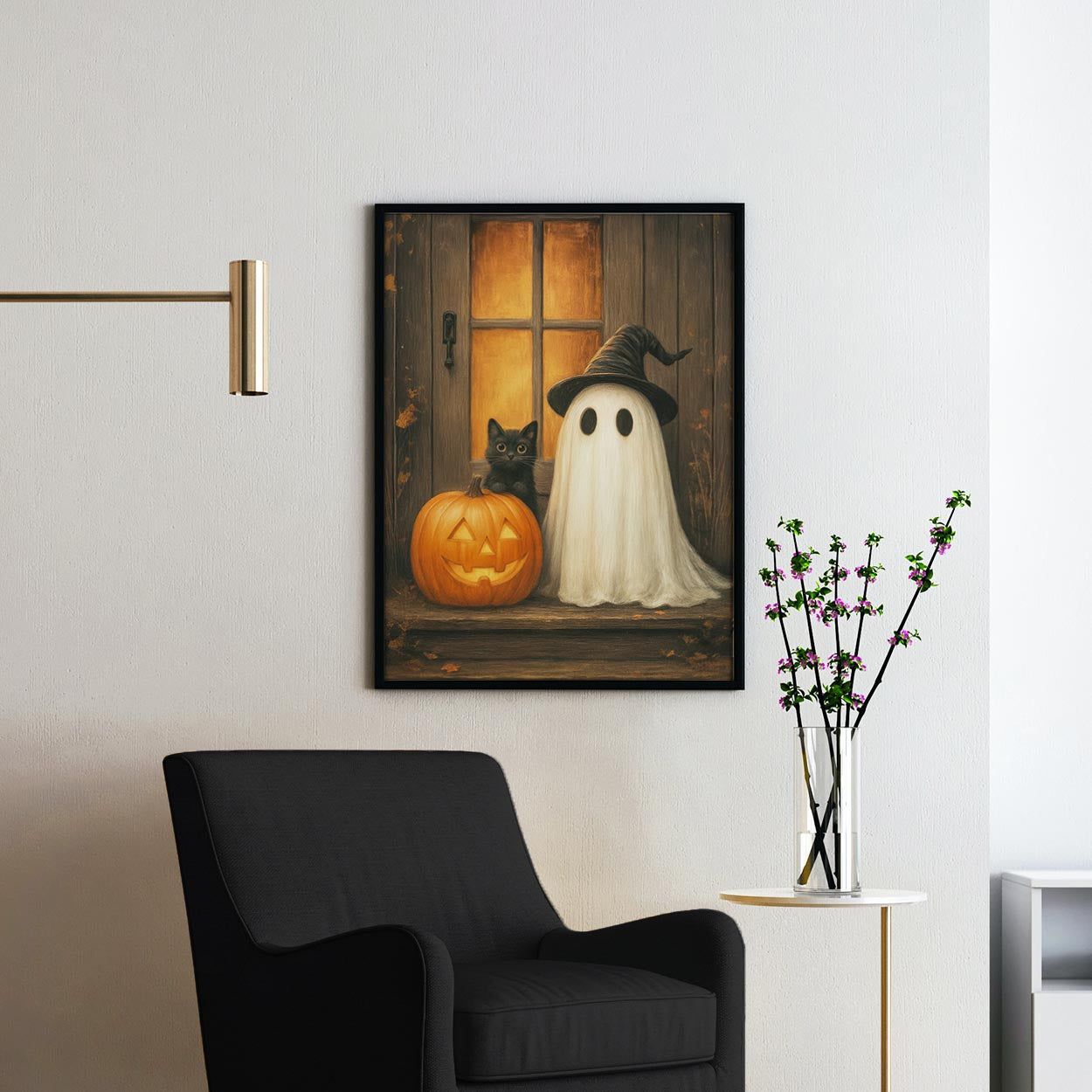 Ghost With A Black Cat And Pumpkin