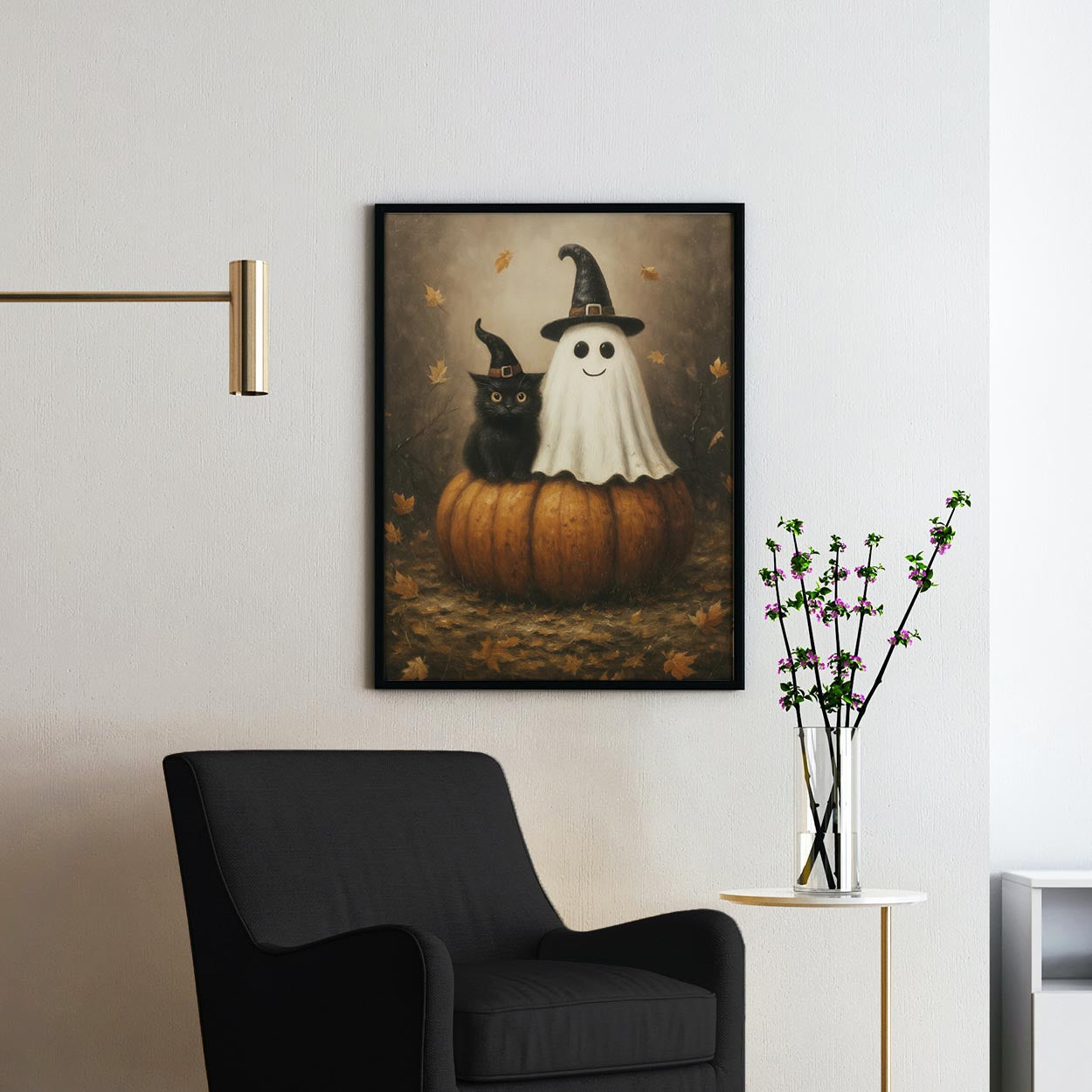 Ghost And Black Cat On A Giant Pumpkin