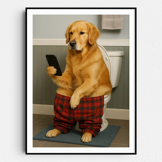 Golden Retriever On The Phone On The Toilet