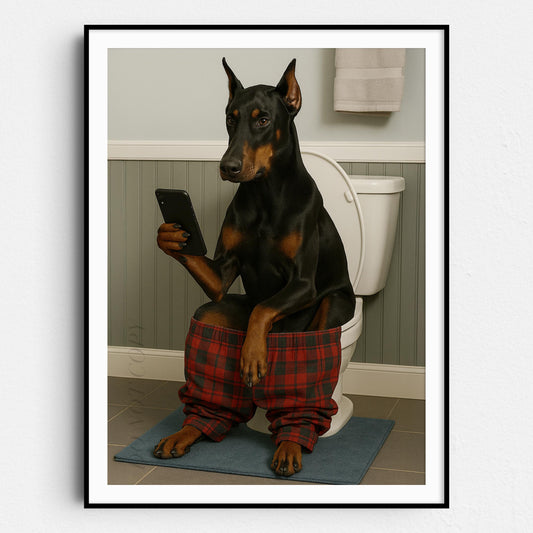 Doberman On The Toilet On The Phone