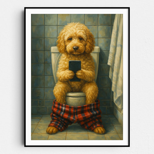 Cockapoo On The Toilet On The Phone