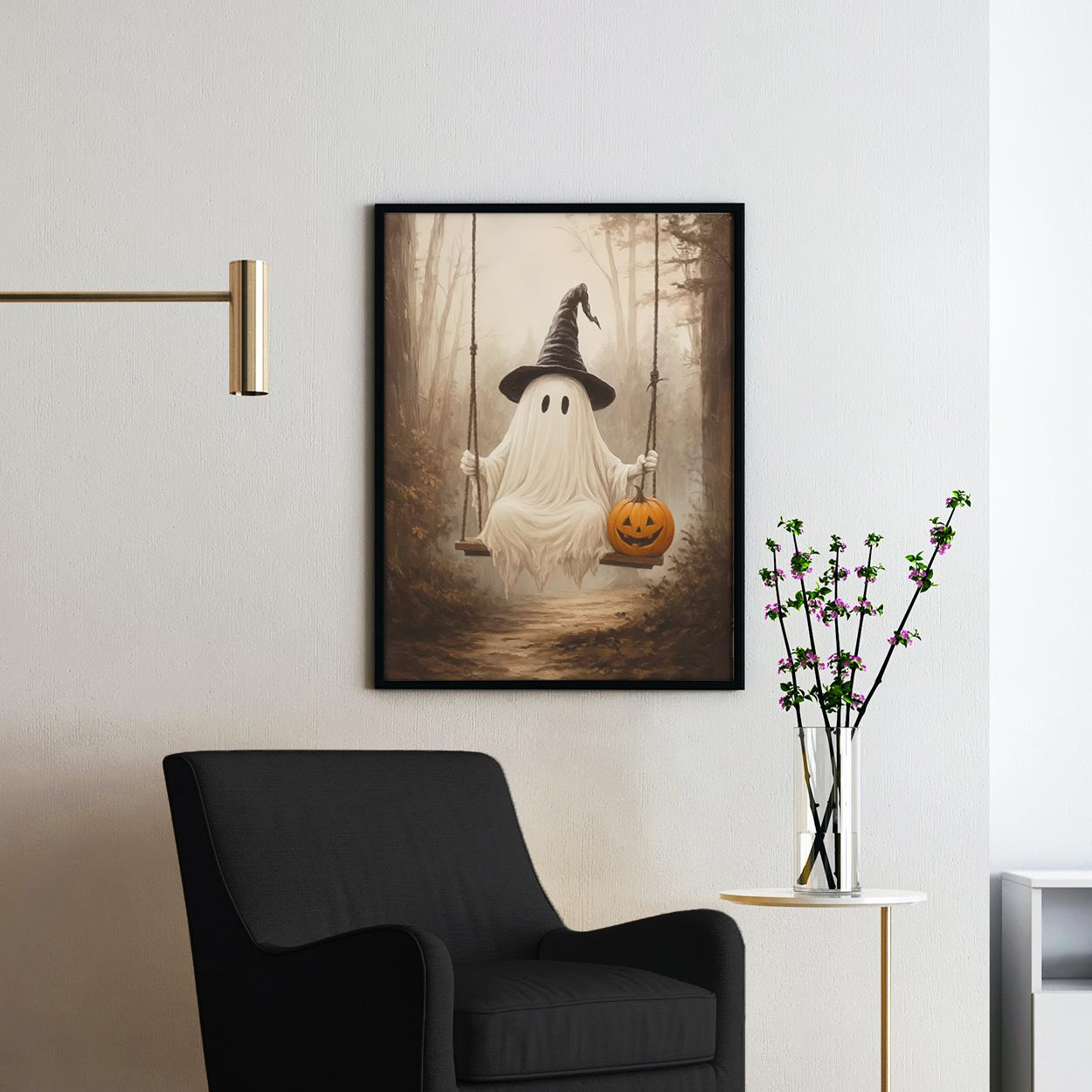 Ghost On A Swing With A Pumpkin