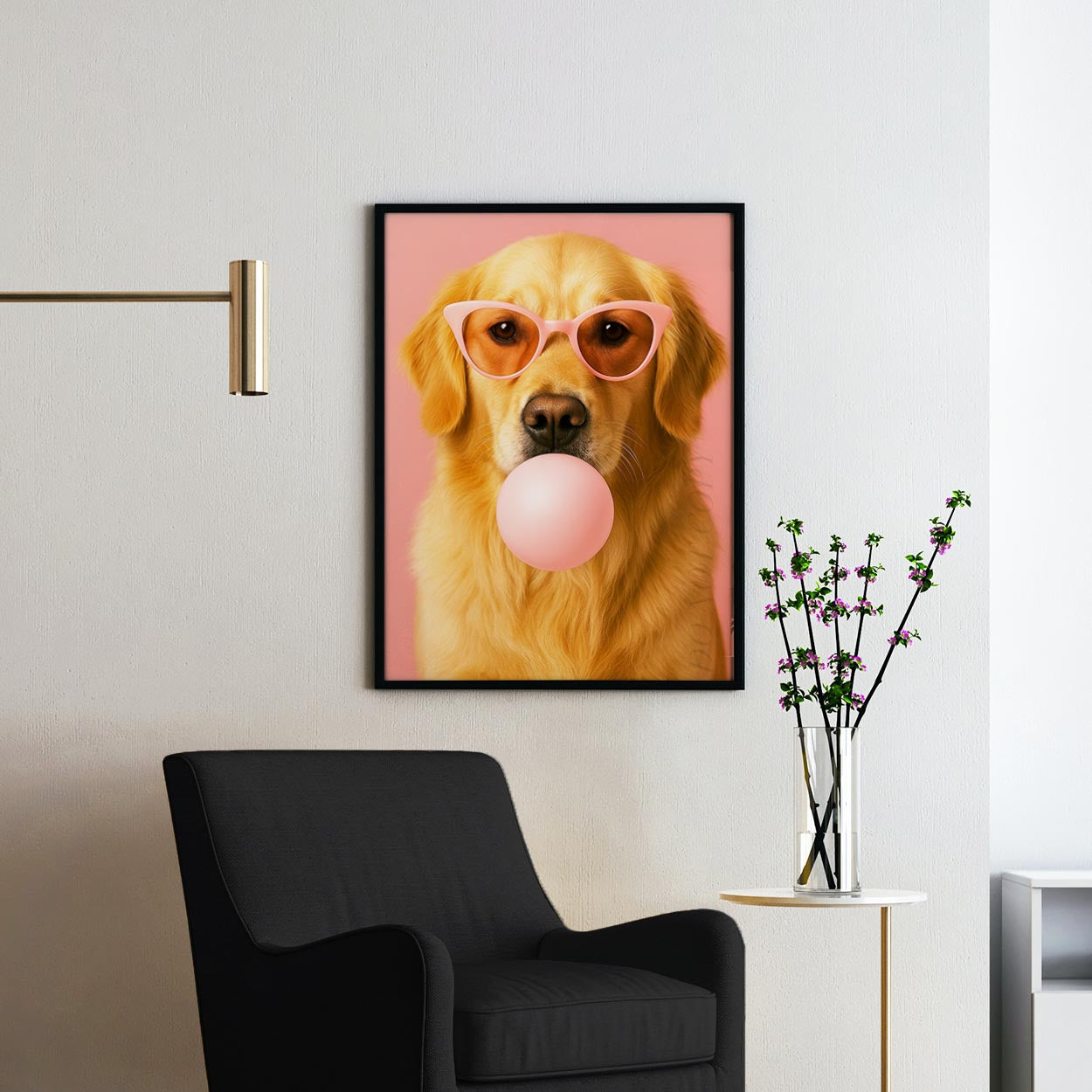 Golden Retriever Pink Sunglasses Blowing Bubble Gum