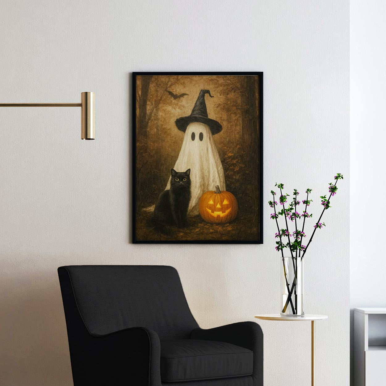 Ghost With A Black Cat And Pumpkin In The Forest