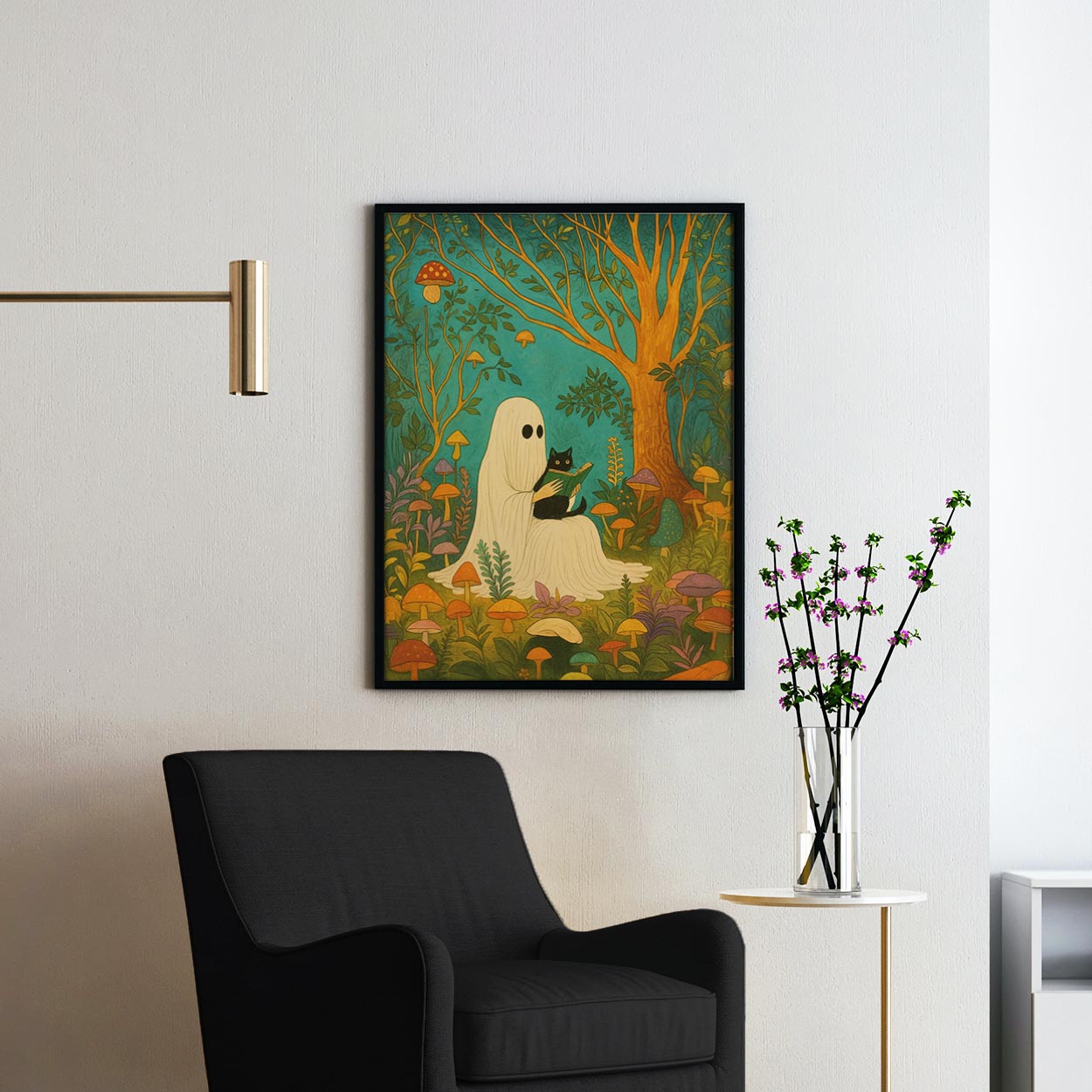 Ghost Reading With A Black Cat In A Mushroom Forest