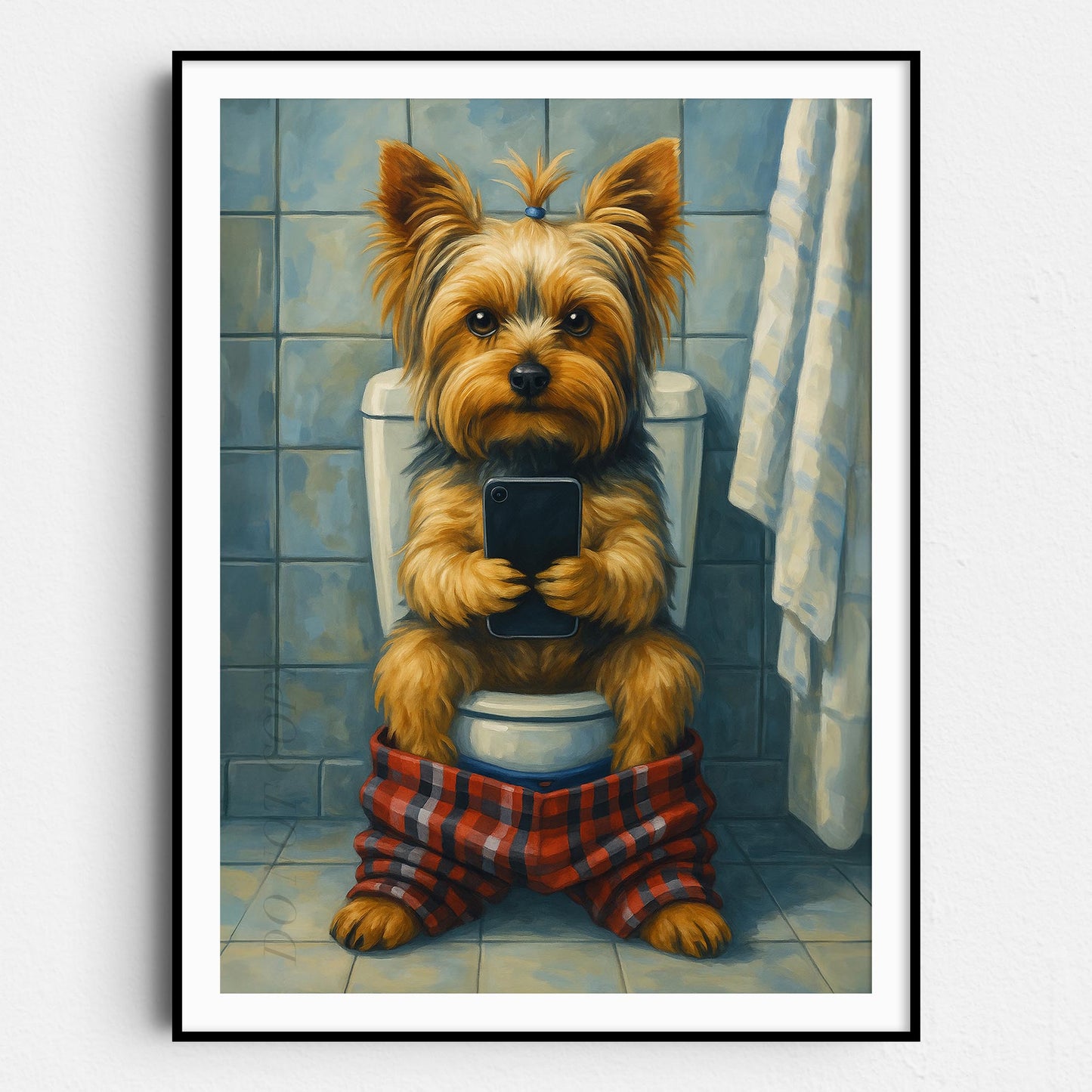 Yorkshire Terrier On The Phone On The Toilet
