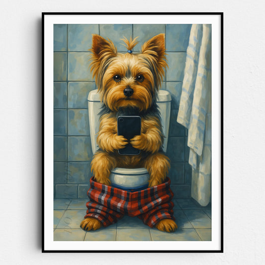 Yorkshire Terrier On The Phone On The Toilet