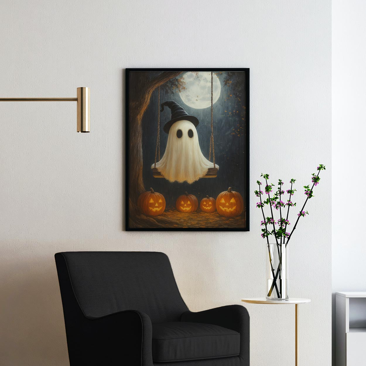 Ghost On A Swing With Pumpkins And Full Moon