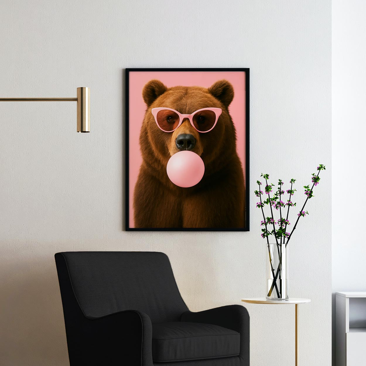 Brown Bear With Sunglasses Blowing Pink Bubble Gum