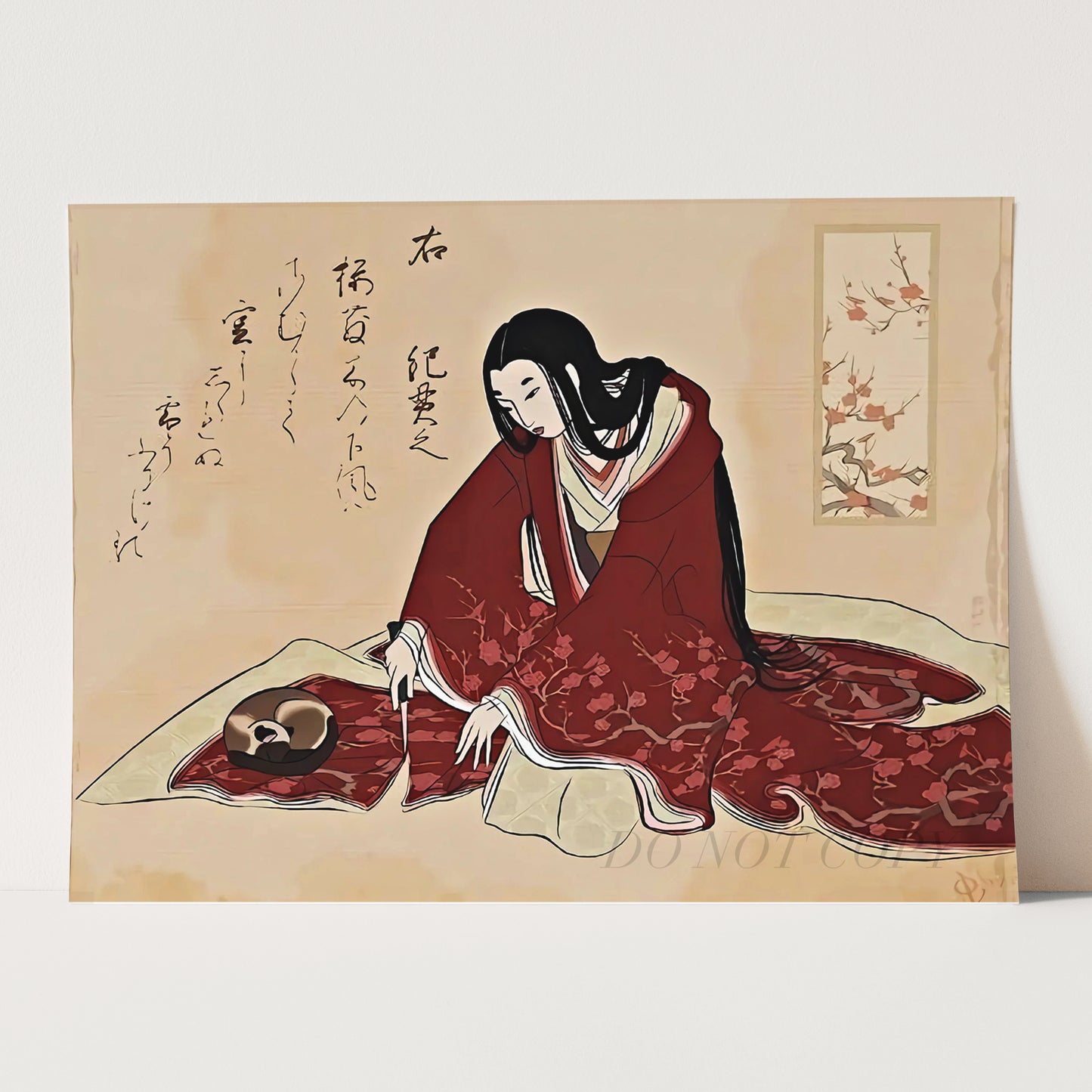 Japanese Woman Cutting Kimono With Cat