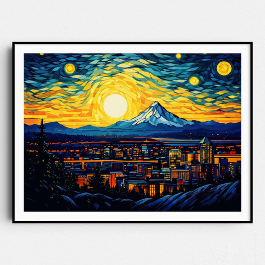 Portland Oregon Skyline as Van Gogh Starry Night