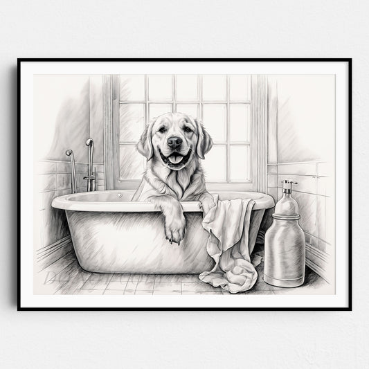 Yellow Labrador Retriever Taking Bath In Bathtub