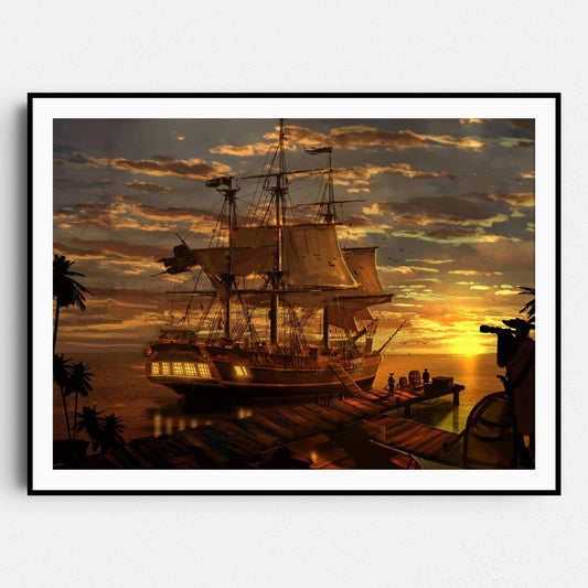 Pirate Ship Setting Sail Into The Sunset