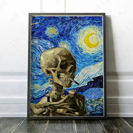 Vincent Van Gogh Starry Night & Smoking Skeleton