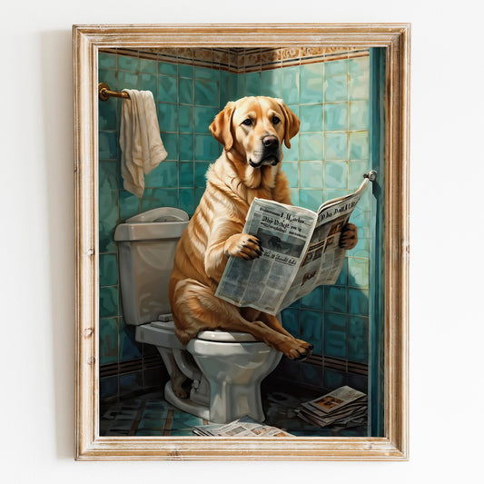 Yellow Labrador Retriever Reading Newspaper on the Toilet