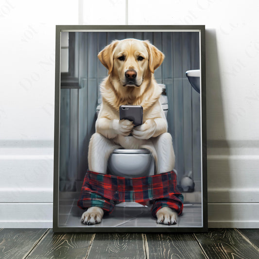 Yellow Labrador Retriever on the Phone on the Toilet