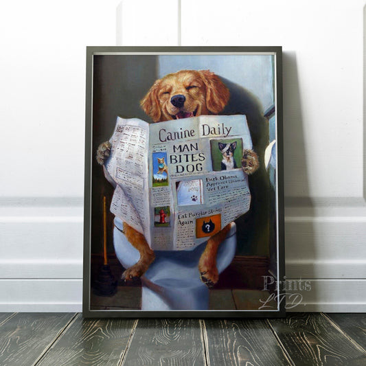 Dog Reading Newspaper On The Toilet