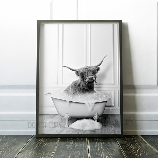 Highland Cow Taking A Bubble Bath In The Bathtub